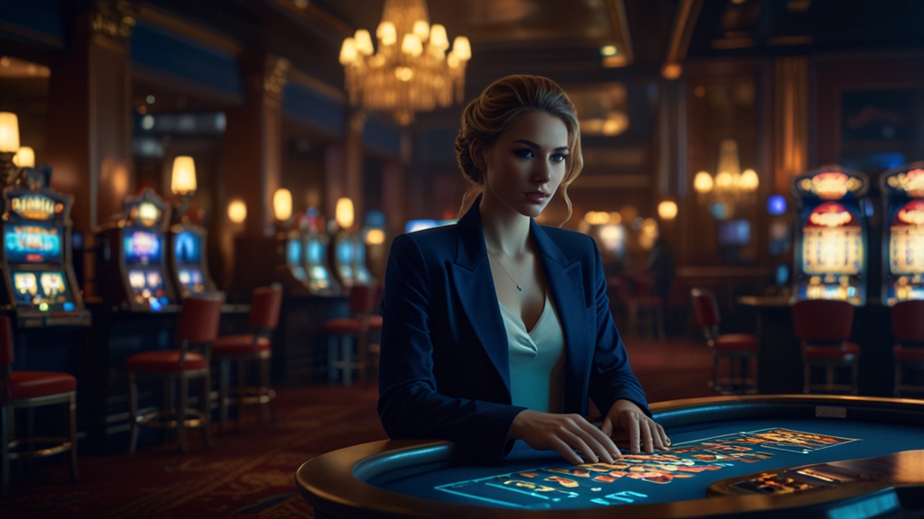 Casino player reviewing bonus code offers on a glowing terminal in a dark lobby