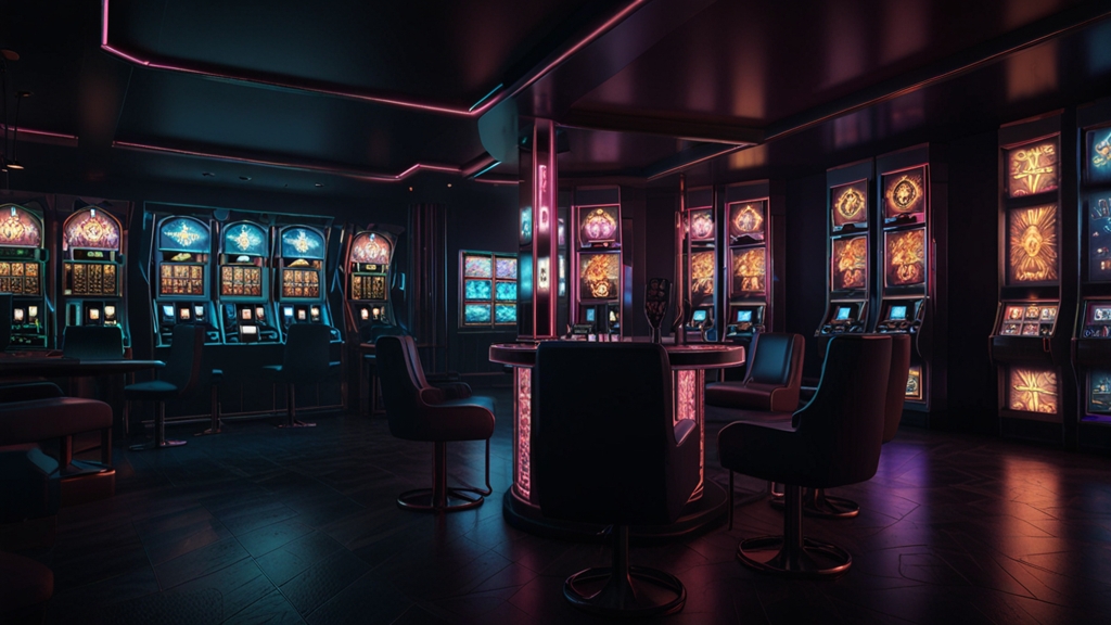Mobile casino app interface with feature tiles in a dark casino setting