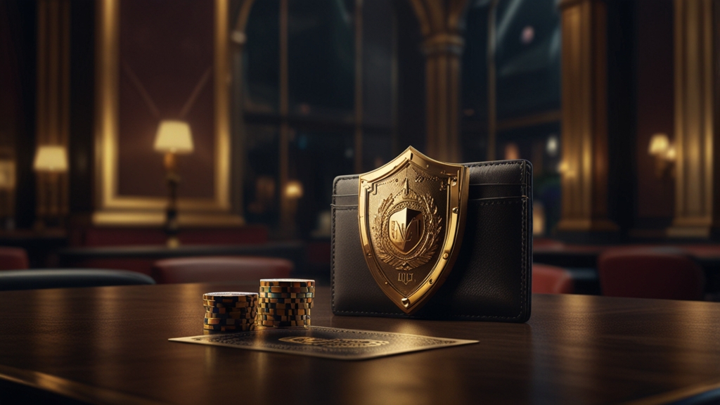 Secure banking setup with card, phone, and lock icon in a dark casino setting