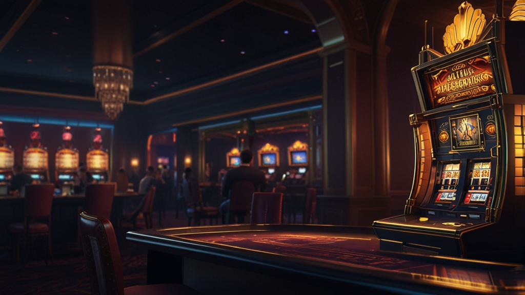 Casino welcome desk showing bonus cards and free-spin icons in a dark setting